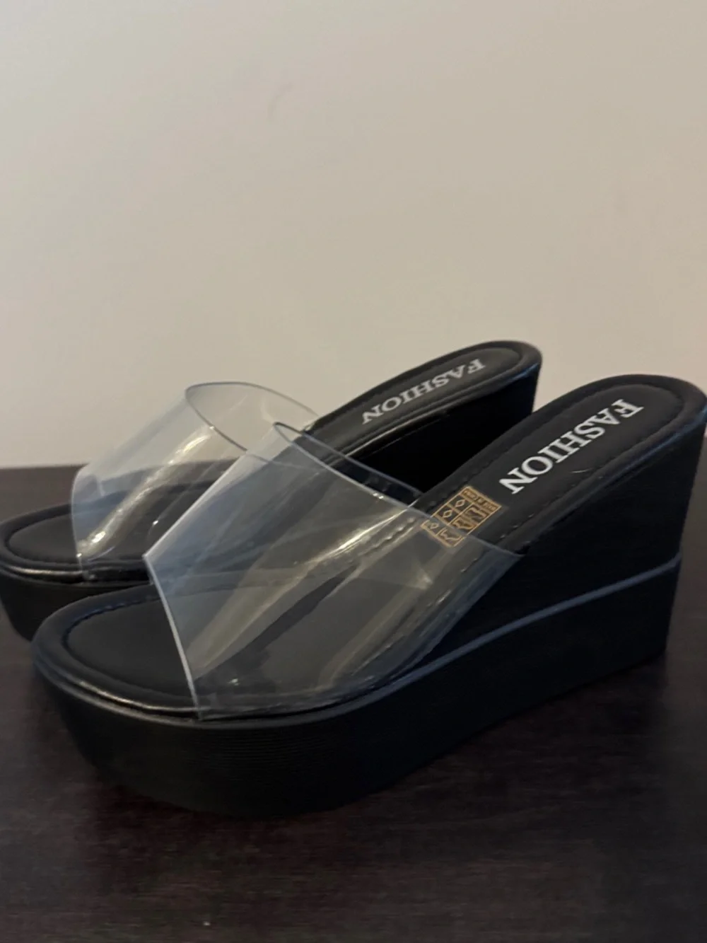 Clear Strap Black Platform Wedge Sandals